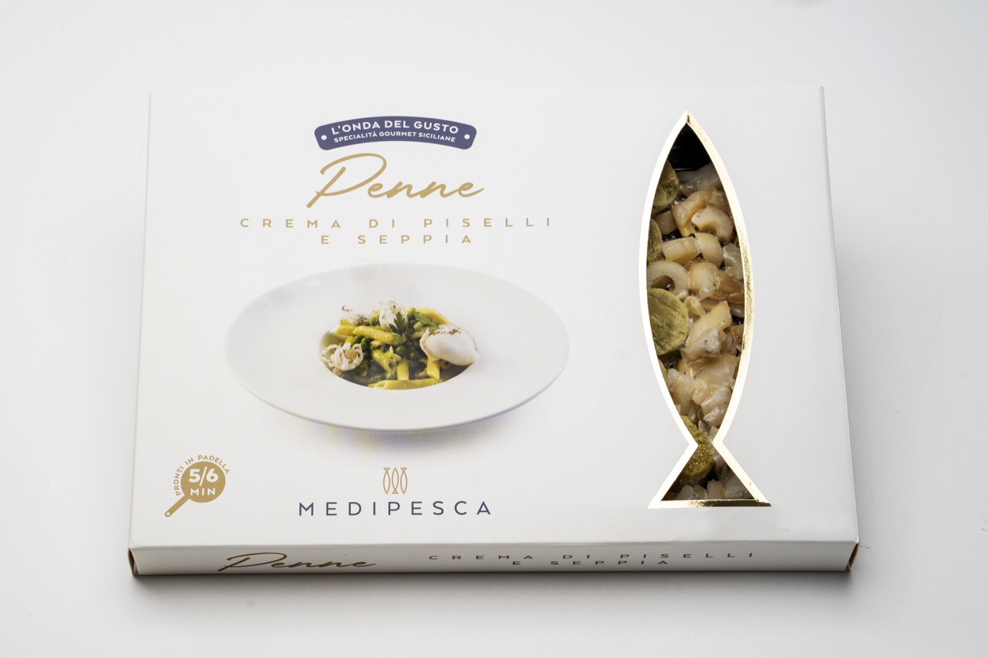 Penne with pea cream and cuttlefish, photo of the pack