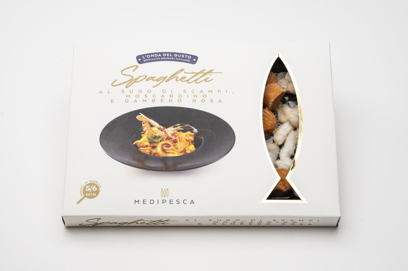 Spaghetti with langoustine, musky octopus and pink prawn sauce, photo of the pack
