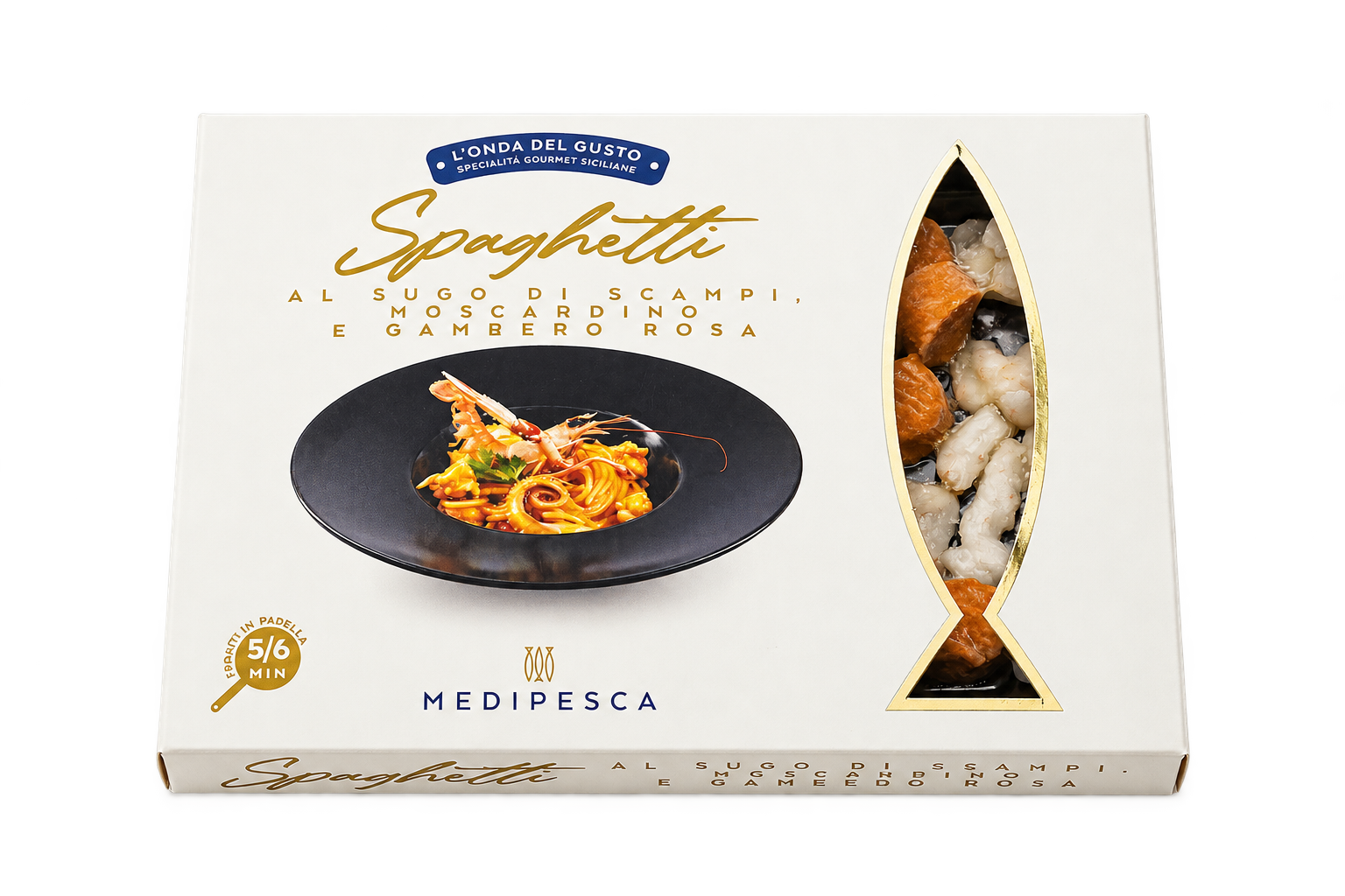 Spaghetti al sugo di scampi, moscardino e gambero rosa
